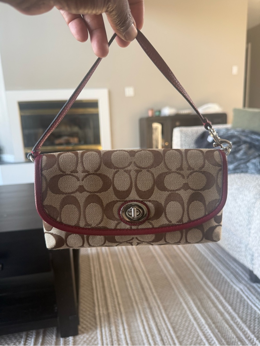 Coach Brown Signature Canvas Shoulder Bag with Rust Trim